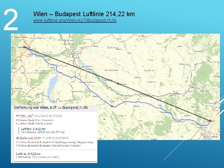 2 Wien – Budapest Luftlinie 214, 22 km www. luftlinie. org/Wien, AUT/Budapest, HUN 