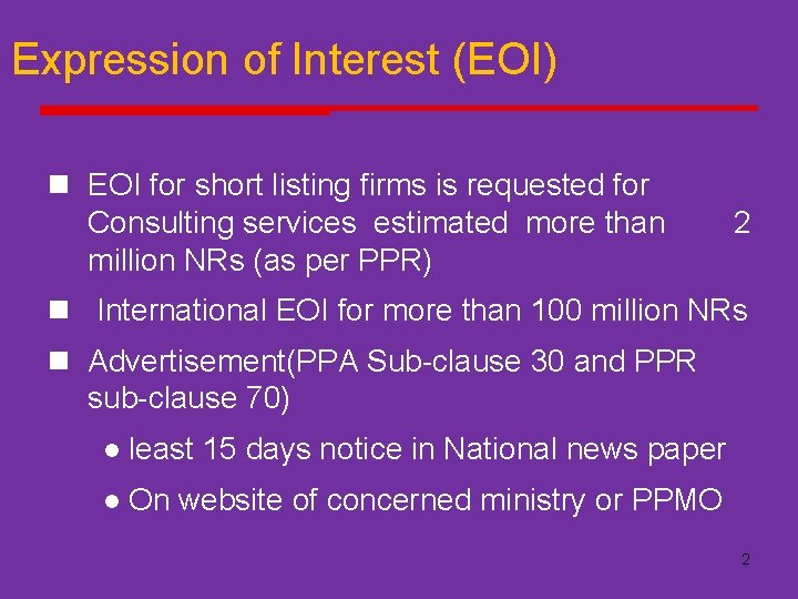 Expression of Interest (EOI) n EOI for short listing firms is requested for Consulting