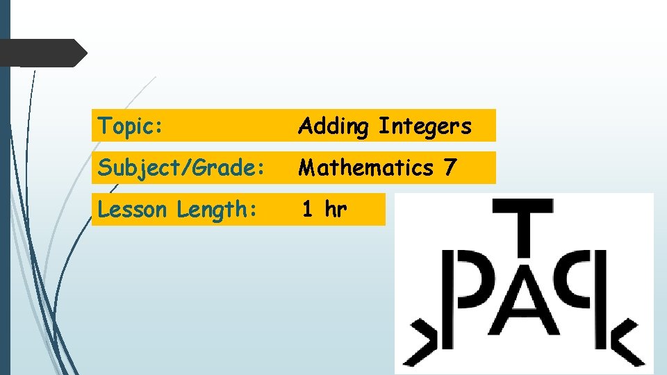 Topic: Adding Integers Subject/Grade: Mathematics 7 Lesson Length: 1 hr 