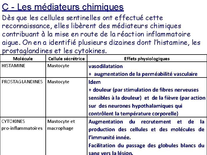 C - Les médiateurs chimiques Dès que les cellules sentinelles ont effectué cette reconnaissance,