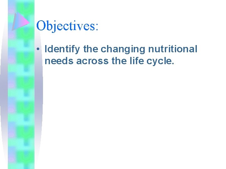 Objectives: • Identify the changing nutritional needs across the life cycle. 