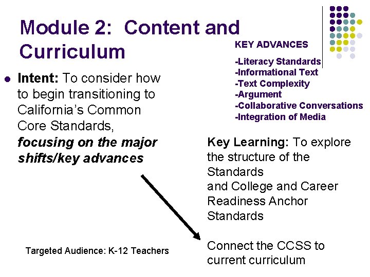 Module 2: Content and KEY ADVANCES Curriculum -Literacy Standards l Intent: To consider how