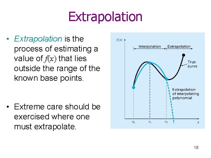 Extrapolation • Extrapolation is the process of estimating a value of f(x) that lies
