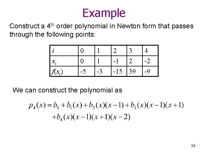 Example Construct a 4 th order polynomial in Newton form that passes through the