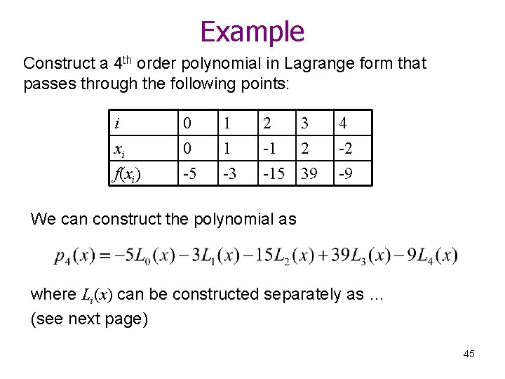 Example Construct a 4 th order polynomial in Lagrange form that passes through the