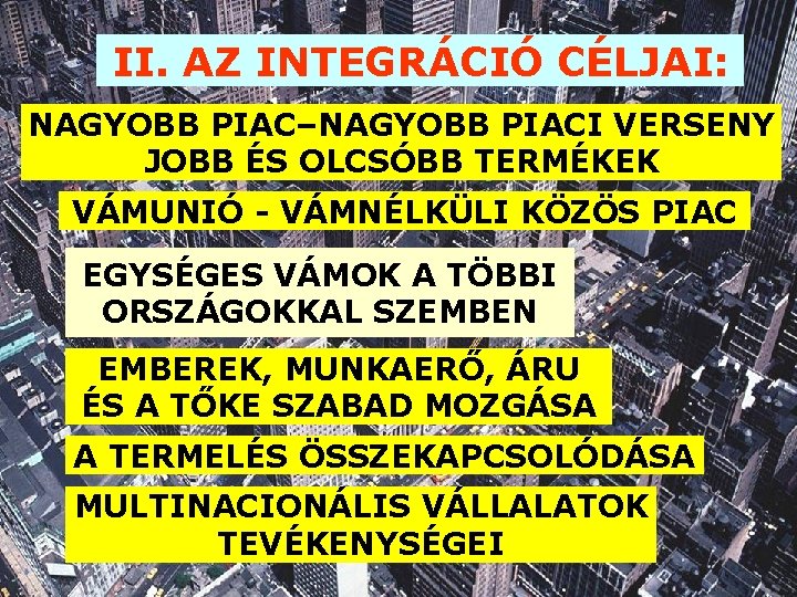 II. AZ INTEGRÁCIÓ CÉLJAI: NAGYOBB PIAC–NAGYOBB PIACI VERSENY JOBB ÉS OLCSÓBB TERMÉKEK VÁMUNIÓ -