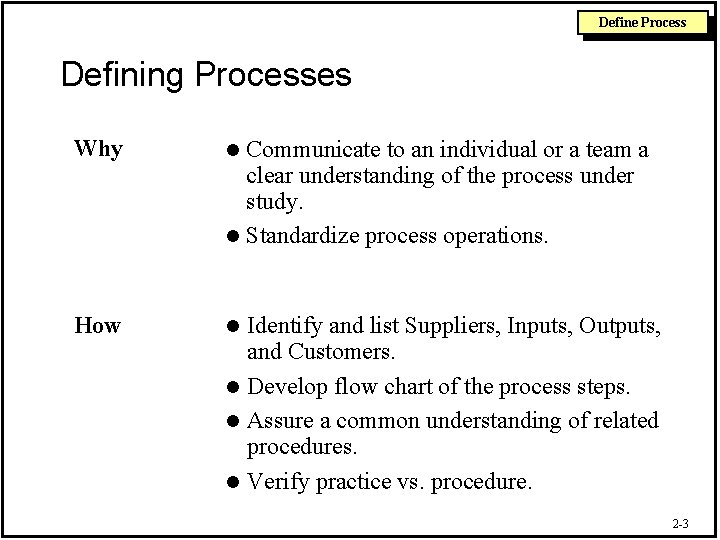 Define Process Defining Processes Why l How l Communicate to an individual or a