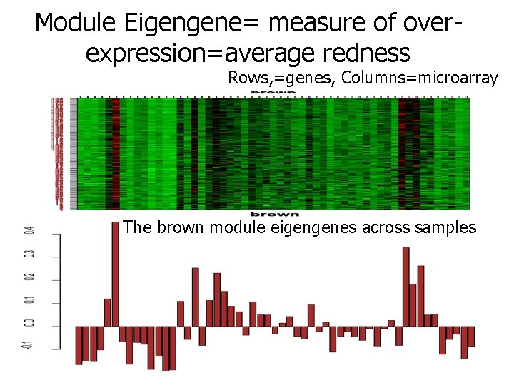 Module Eigengene= measure of overexpression=average redness Rows, =genes, Columns=microarray The brown module eigengenes across