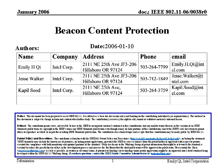 January 2006 doc. : IEEE 802. 11 -06/0038 r 0 Beacon Content Protection Authors: