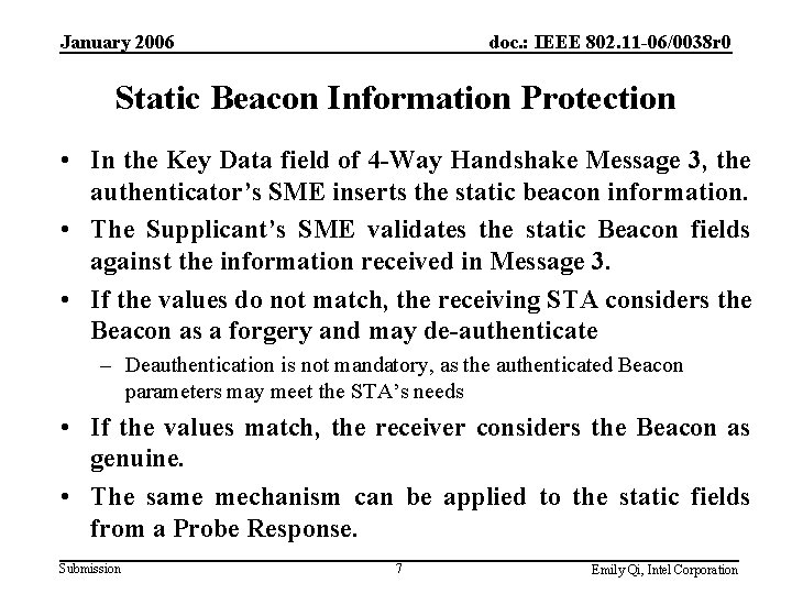 January 2006 doc. : IEEE 802. 11 -06/0038 r 0 Static Beacon Information Protection