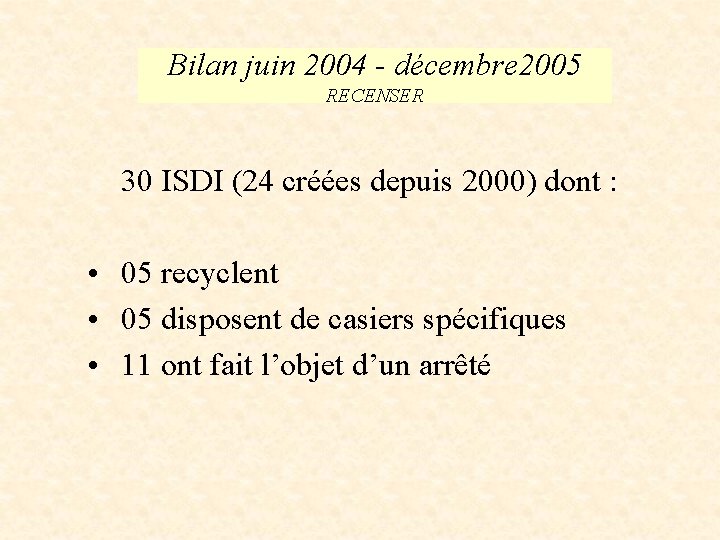 Bilan juin 2004 - décembre 2005 RECENSER 30 ISDI (24 créées depuis 2000) dont