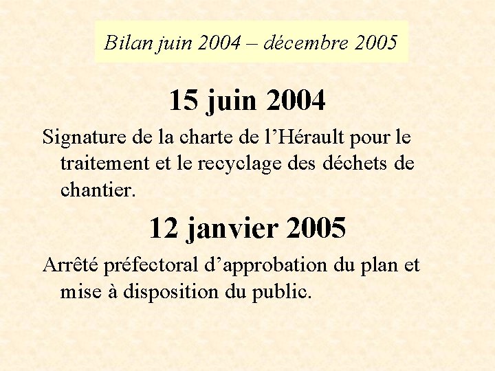 Bilan juin 2004 – décembre 2005 15 juin 2004 Signature de la charte de