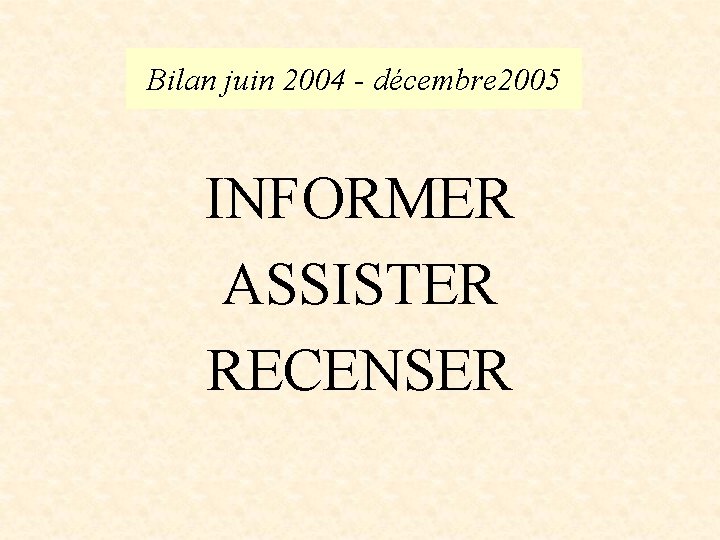 Bilan juin 2004 - décembre 2005 INFORMER ASSISTER RECENSER 