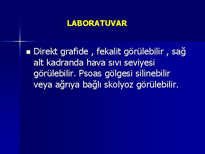 LABORATUVAR n Direkt grafide , fekalit görülebilir , sağ alt kadranda hava sıvı seviyesi LABORATUVAR n Direkt grafide , fekalit görülebilir , sağ alt kadranda hava sıvı seviyesi