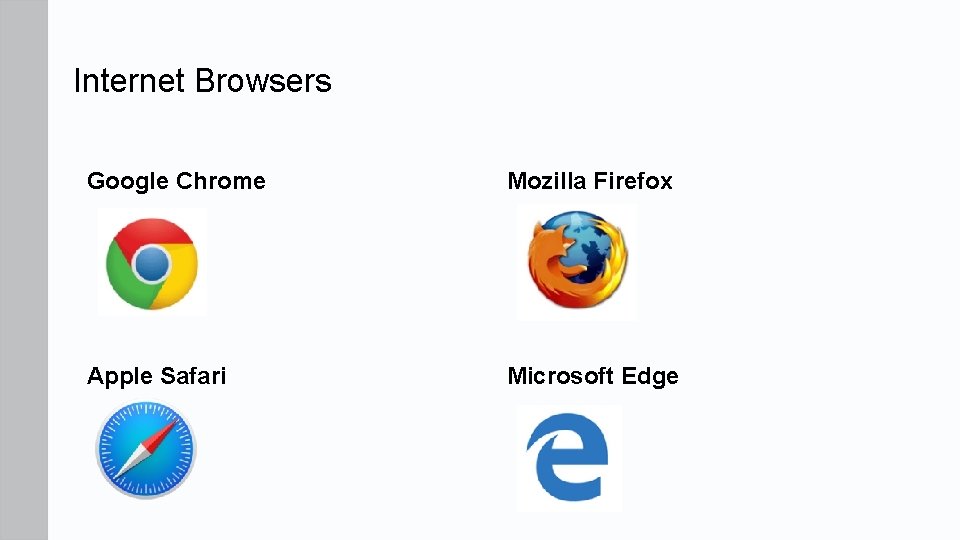 Internet Browsers Google Chrome Mozilla Firefox Apple Safari Microsoft Edge 