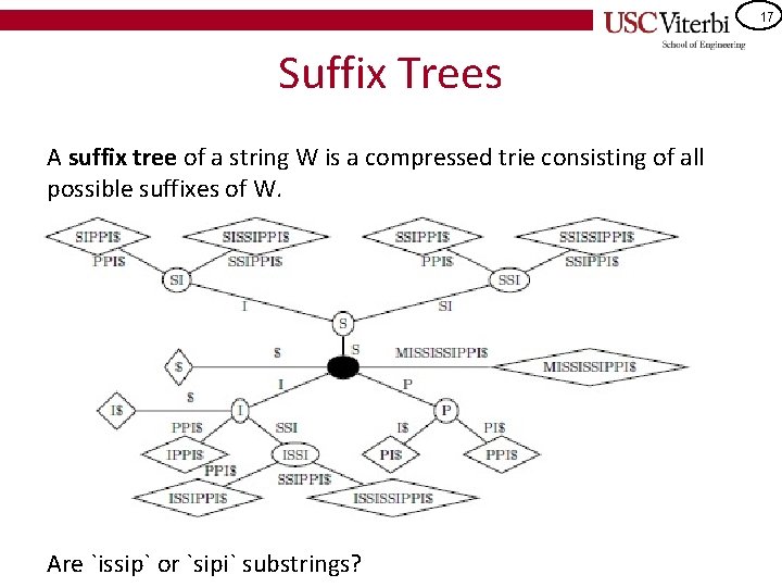 17 Suffix Trees A suffix tree of a string W is a compressed trie