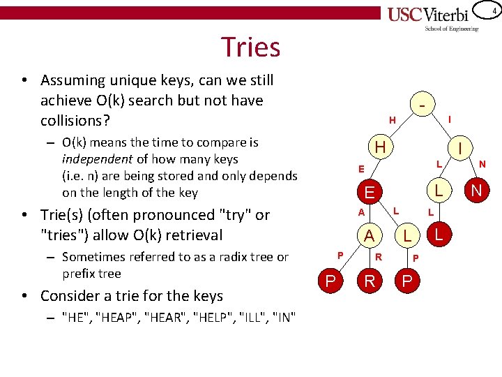 4 Tries • Assuming unique keys, can we still achieve O(k) search but not