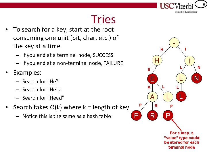 6 Tries • To search for a key, start at the root consuming one