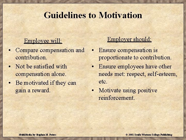 Guidelines to Motivation Employee will: • Compare compensation and contribution. • Not be satisfied