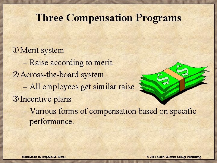 Three Compensation Programs Merit system – Raise according to merit. Across-the-board system – All