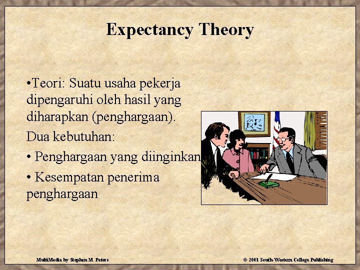 Expectancy Theory • Teori: Suatu usaha pekerja dipengaruhi oleh hasil yang diharapkan (penghargaan). Dua