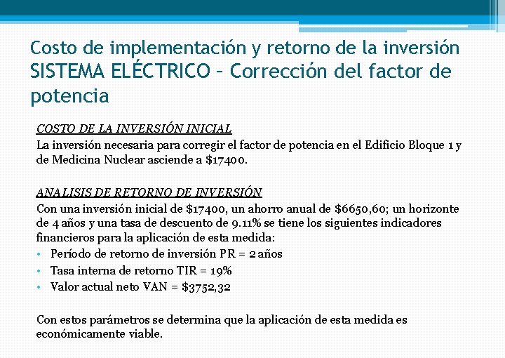 Costo de implementación y retorno de la inversión SISTEMA ELÉCTRICO – Corrección del factor