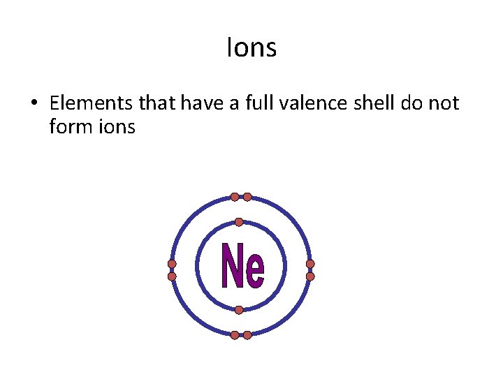 Ions • Elements that have a full valence shell do not form ions 