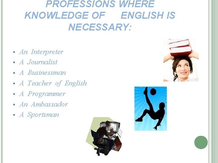 PROFESSIONS WHERE KNOWLEDGE OF ENGLISH IS NECESSARY: § § § § An Interpreter A