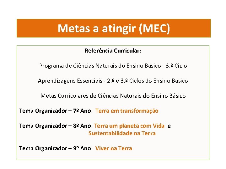 Metas a atingir (MEC) Referência Curricular: Programa de Ciências Naturais do Ensino Básico -