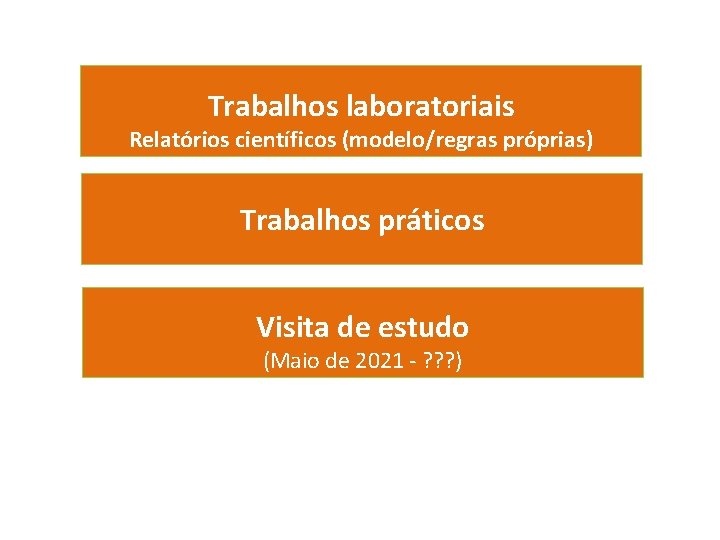 Trabalhos laboratoriais Relatórios científicos (modelo/regras próprias) Trabalhos práticos Visita de estudo (Maio de 2021