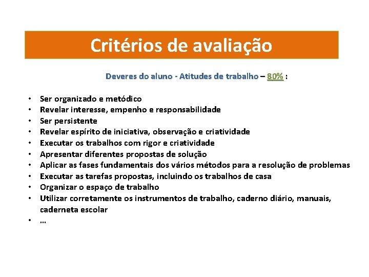 Critérios de avaliação Deveres do aluno - Atitudes de trabalho – 80% : Ser