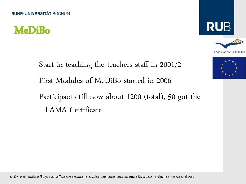 Me. Di. Bo Start in teaching the teachers staff in 2001/2 First Modules of