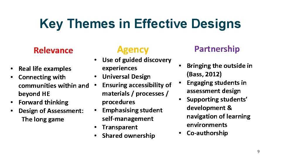 Key Themes in Effective Designs Relevance • • Agency Partnership • Use of guided