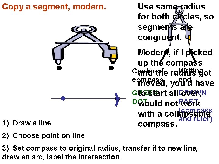 Copy a segment, modern. 1) Draw a line Use same radius for both circles,