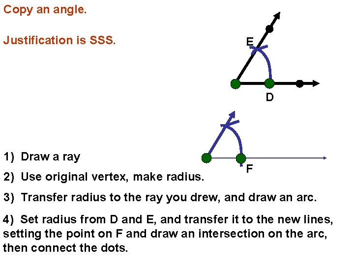 Copy an angle. Justification is SSS. E D 1) Draw a ray 2) Use