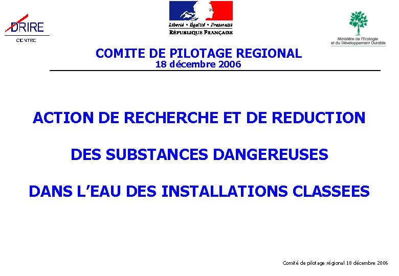 COMITE DE PILOTAGE REGIONAL 18 décembre 2006 ACTION DE RECHERCHE ET DE REDUCTION DES