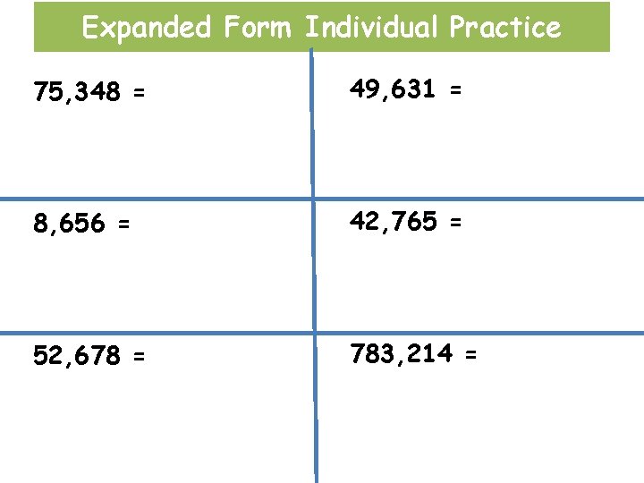 Expanded Form Individual Practice 75, 348 = 49, 631 = 8, 656 = 42,