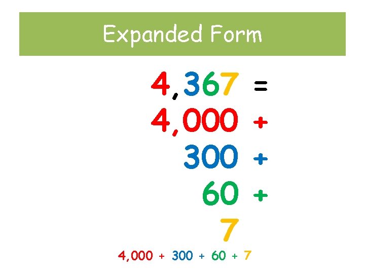 Expanded Form 4, 367 4, 000 300 60 7 4, 000 + 300 +