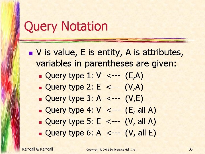 Query Notation n V is value, E is entity, A is attributes, variables in