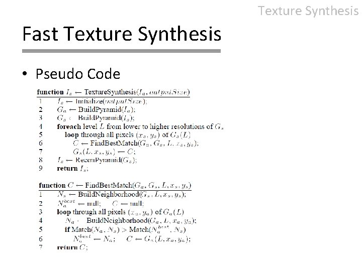 Texture Synthesis Fast Texture Synthesis • Pseudo Code 