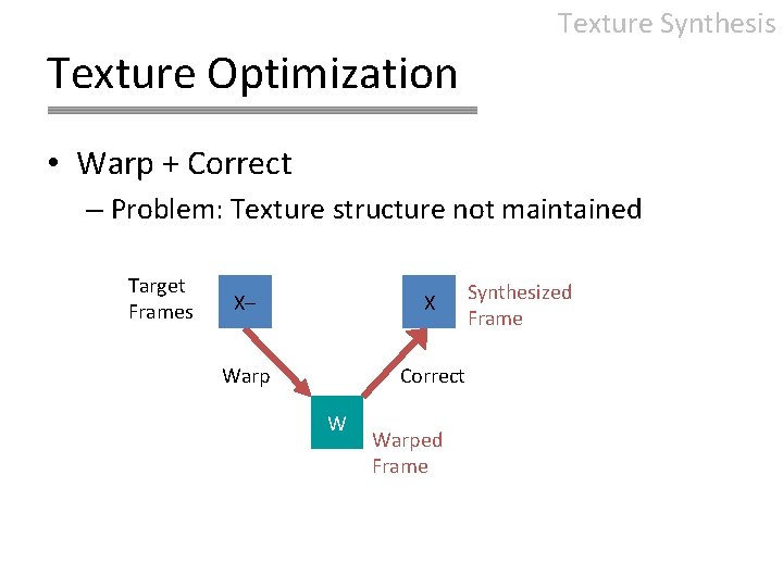 Texture Synthesis Texture Optimization • Warp + Correct – Problem: Texture structure not maintained