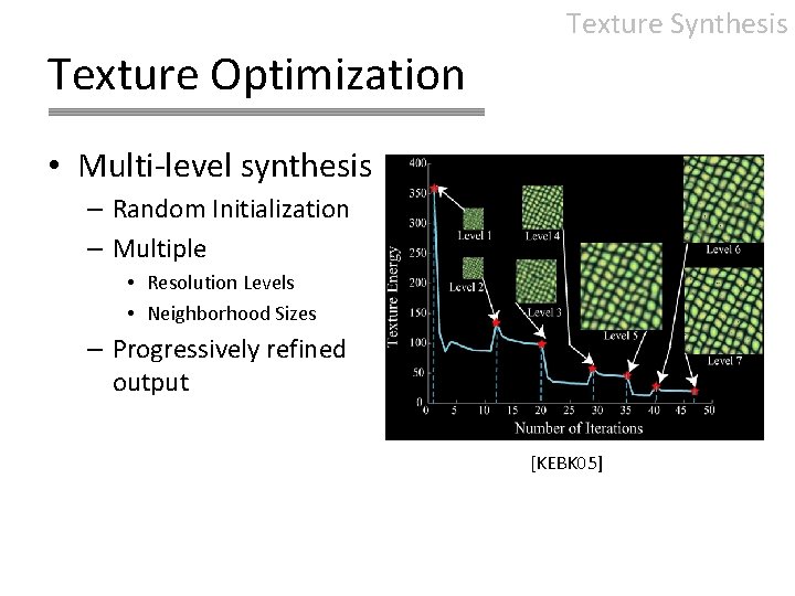 Texture Synthesis Texture Optimization • Multi-level synthesis – Random Initialization – Multiple • Resolution