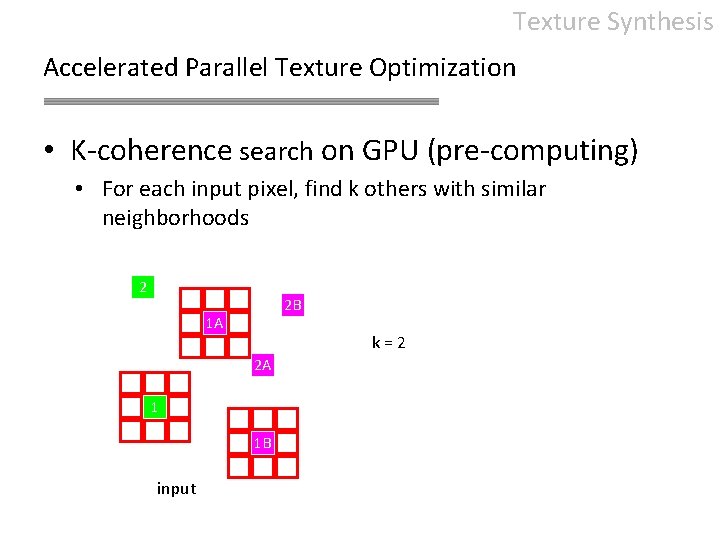 Texture Synthesis Accelerated Parallel Texture Optimization • K-coherence search on GPU (pre-computing) • For