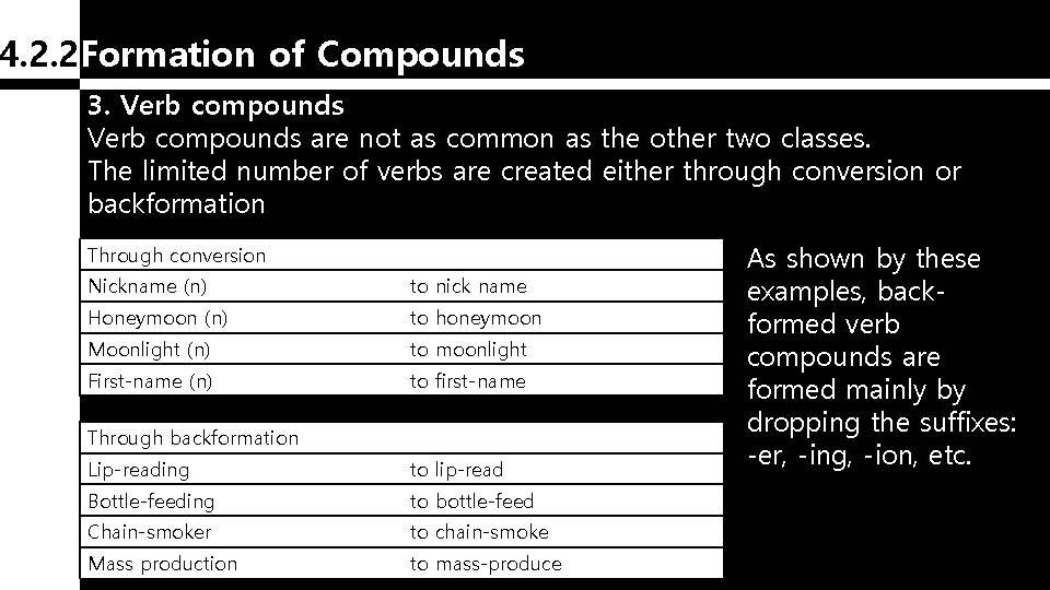 4. 2. 2 Formation of Compounds 3. Verb compounds are not as common as