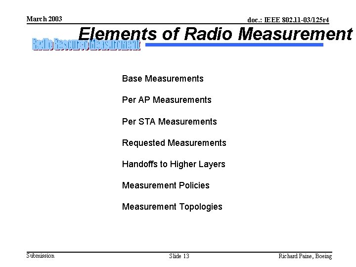 March 2003 doc. : IEEE 802. 11 -03/125 r 4 Elements of Radio Measurement