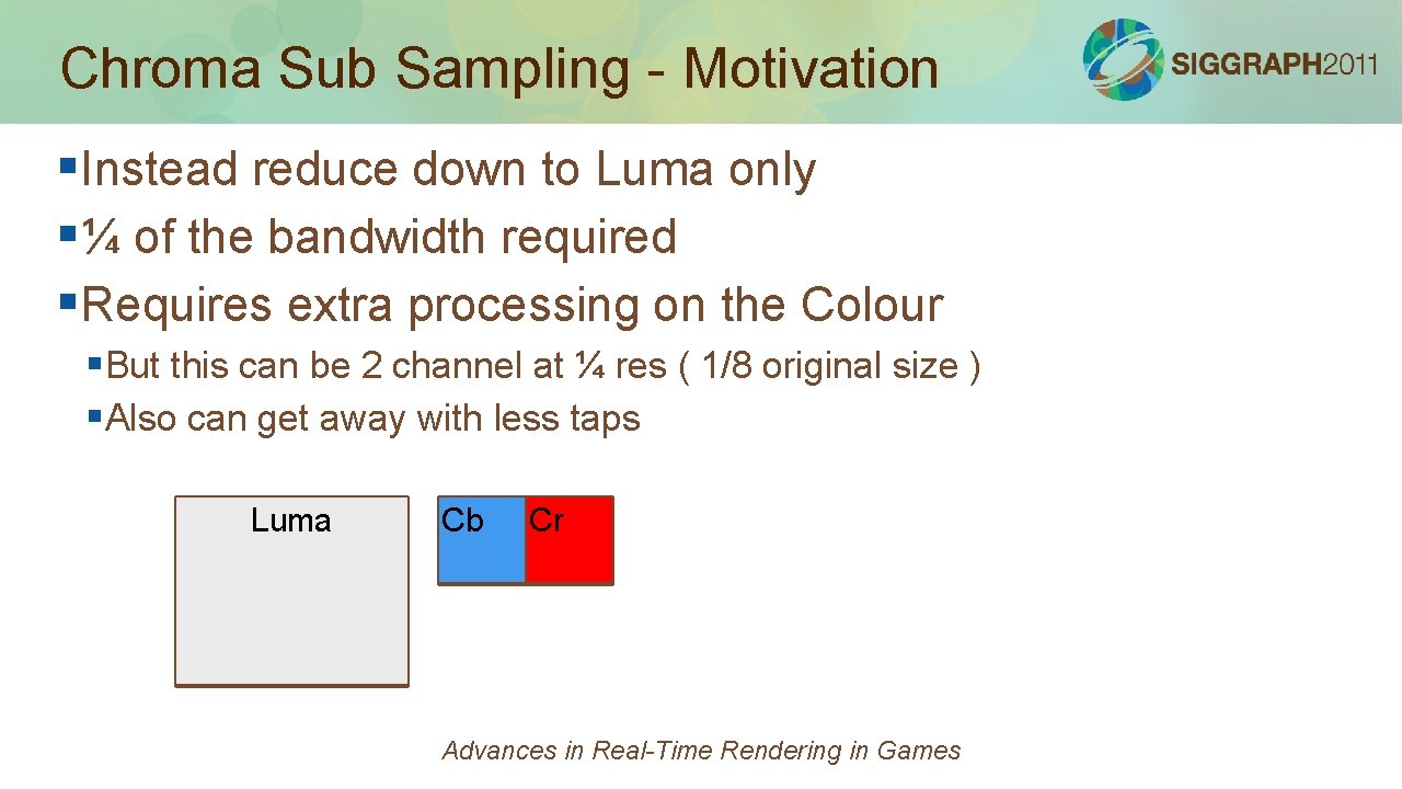 Chroma Sub Sampling - Motivation §Instead reduce down to Luma only §¼ of the