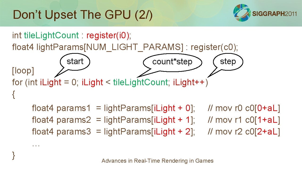 Don’t Upset The GPU (2/) int tile. Light. Count : register(i 0); float 4