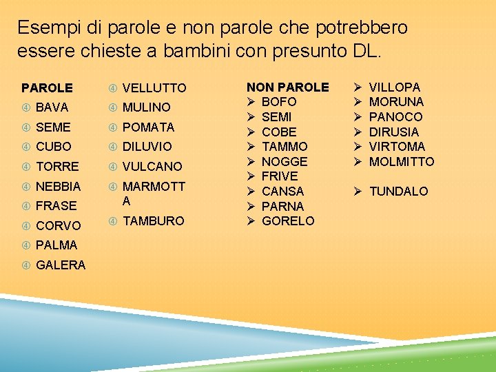 Esempi di parole e non parole che potrebbero essere chieste a bambini con presunto