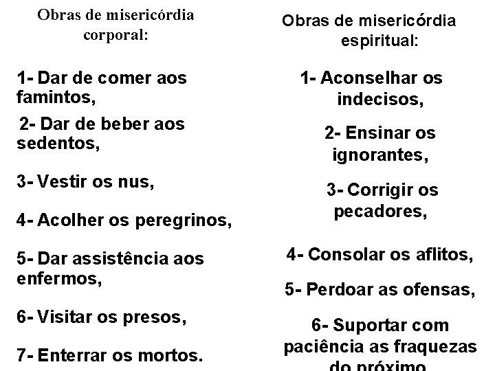 Obras de misericórdia corporal: 1 - Dar de comer aos famintos, 2 - Dar