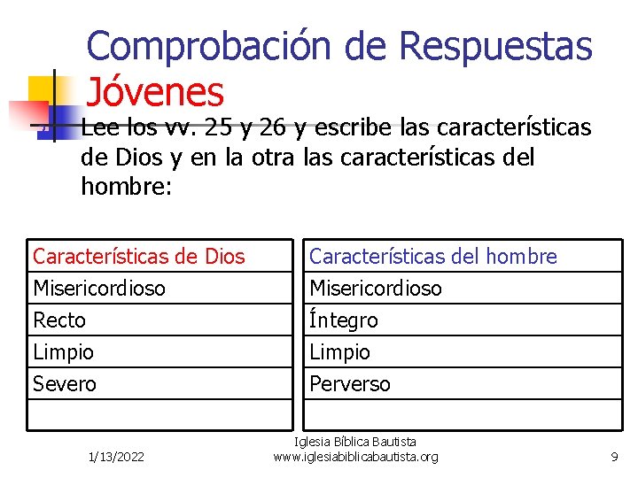 Comprobación de Respuestas Jóvenes 2. Lee los vv. 25 y 26 y escribe las